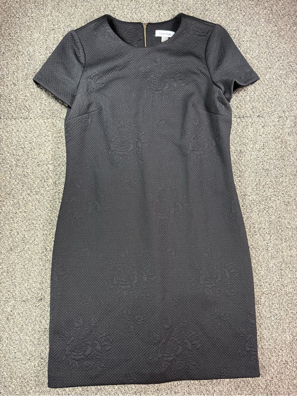 Calvin Klein Black Floral-Embossed Short-Sleeve Sheath